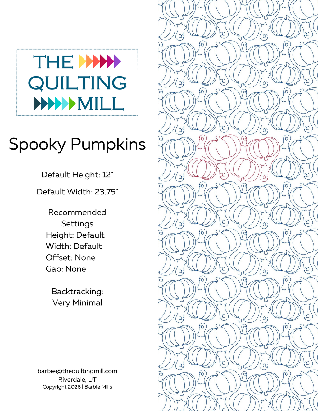 Spooky Pumpkins digital pantograph info sheet with 12 inch height, 23.75 inch width, no offset, no gap, and minimal backtracking