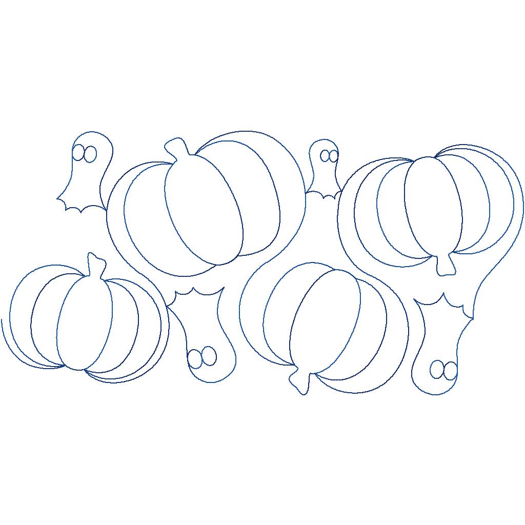 Close-up of one Spooky Pumpkins ghost quilting pantograph repeat with overlapping pumpkins and peeking ghosts