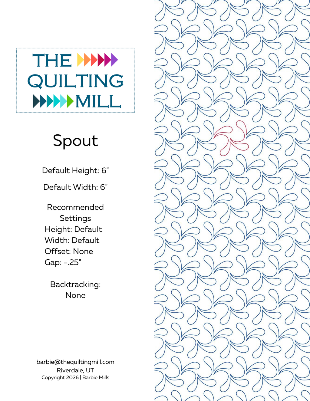 Spout pantograph information sheet with pattern details and digital file formats