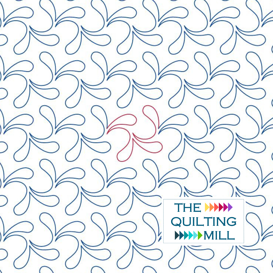 Spout feather longarm pantograph repeating pattern with The Quilting Mill logo