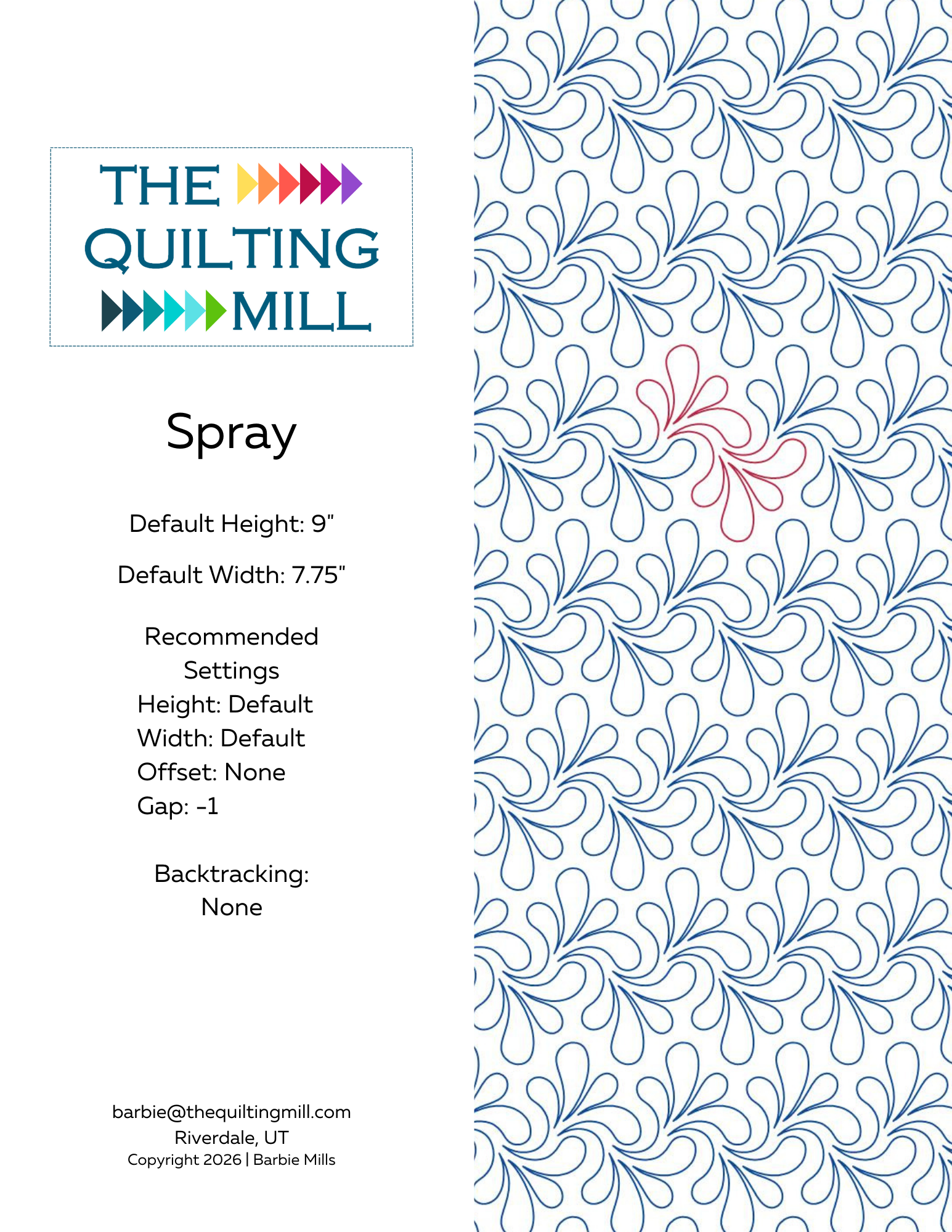 Product info sheet for Spray teardrop pantograph pattern showing file formats, specs, and recommended longarm quilting machine settings