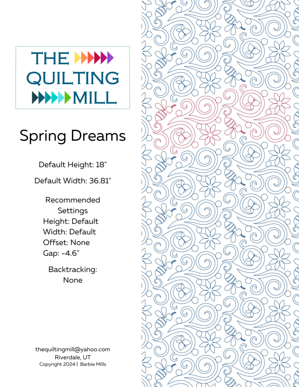 Spring Dreams whimsical spring pantograph info sheet – specs and settings for digital spring pantographs for longarm quilting machines