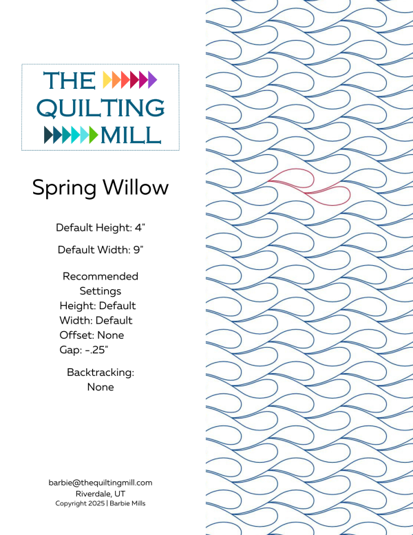 Spring Willow wave quilting pantograph info sheet – specs and settings for digital wave pantographs for longarm quilting machines