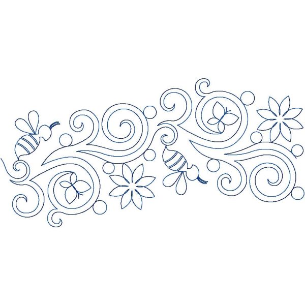 Close-up of Spring Dreams floral spring quilting pantograph showing buzzing bee, swirling floral, and butterfly motif detail
