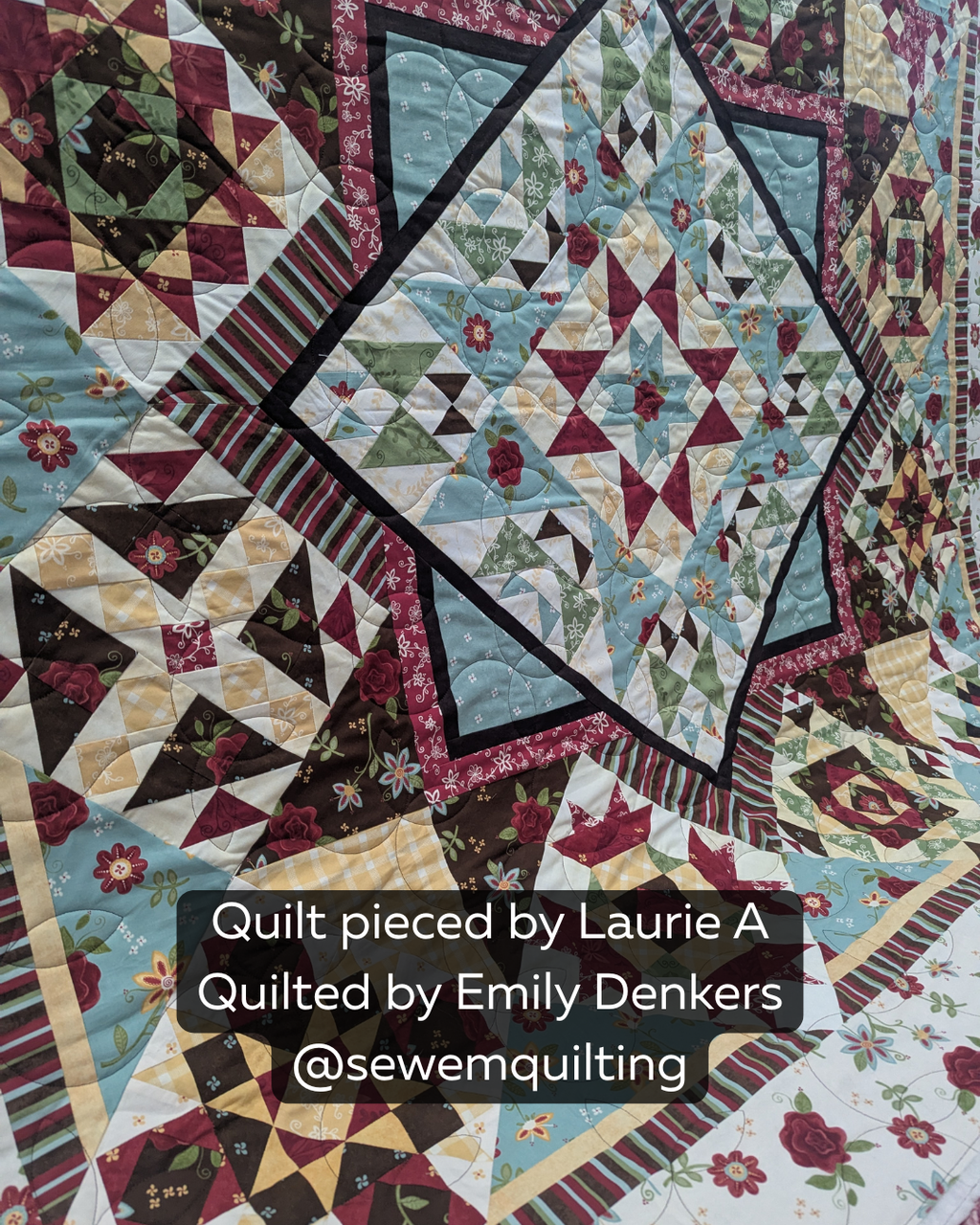 Floral patchwork quilt stitched with the Sprouting vine quilt pattern