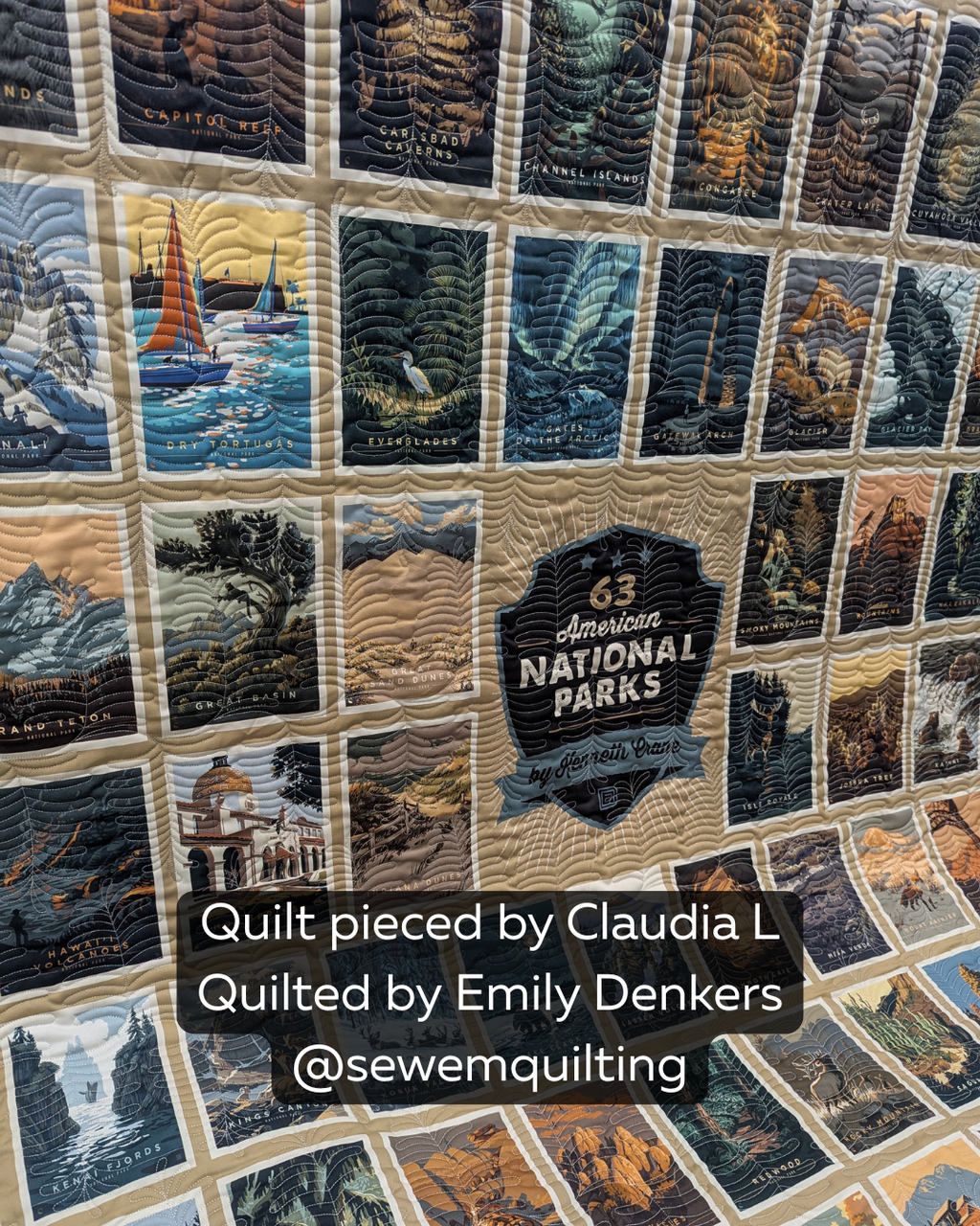 National parks panel quilt stitched with the Spruced Christmas pantograph quilting pattern