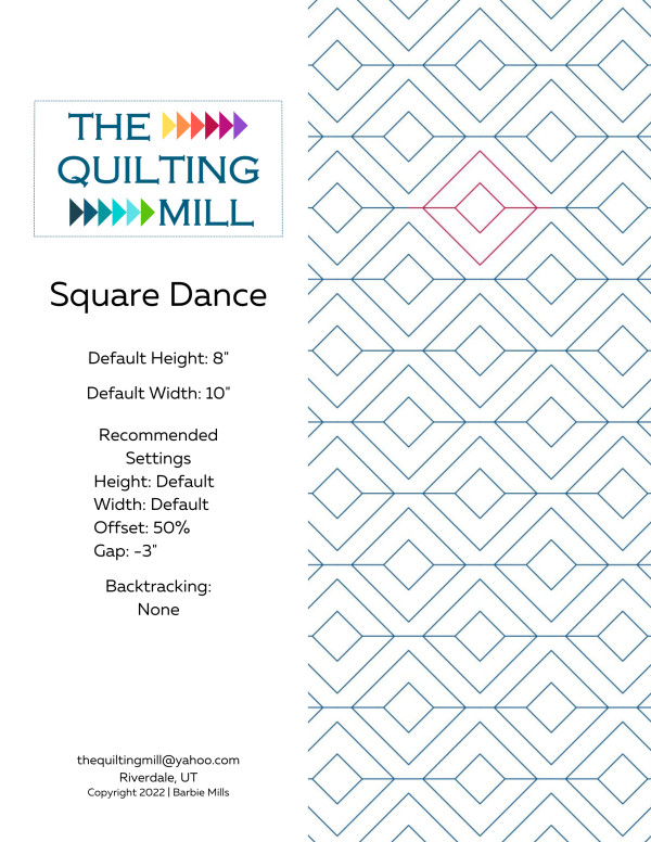 Square Dance digital pantograph for longarm quilting – product info sheet with specs, settings and file formats