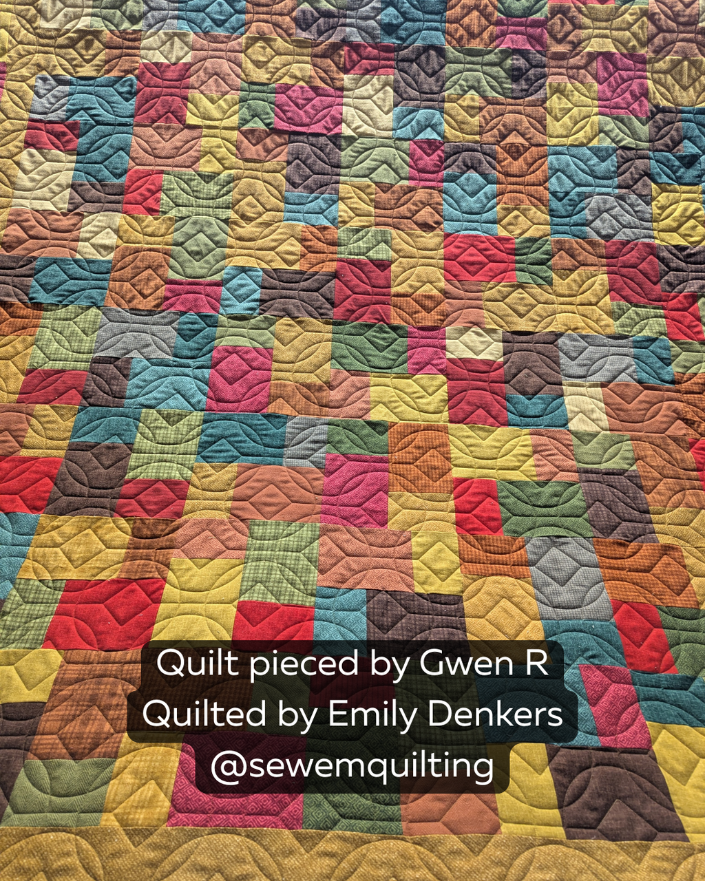 Colorful patchwork quilt stitched with the Square Peg Round Hole digital geometric quilting pattern