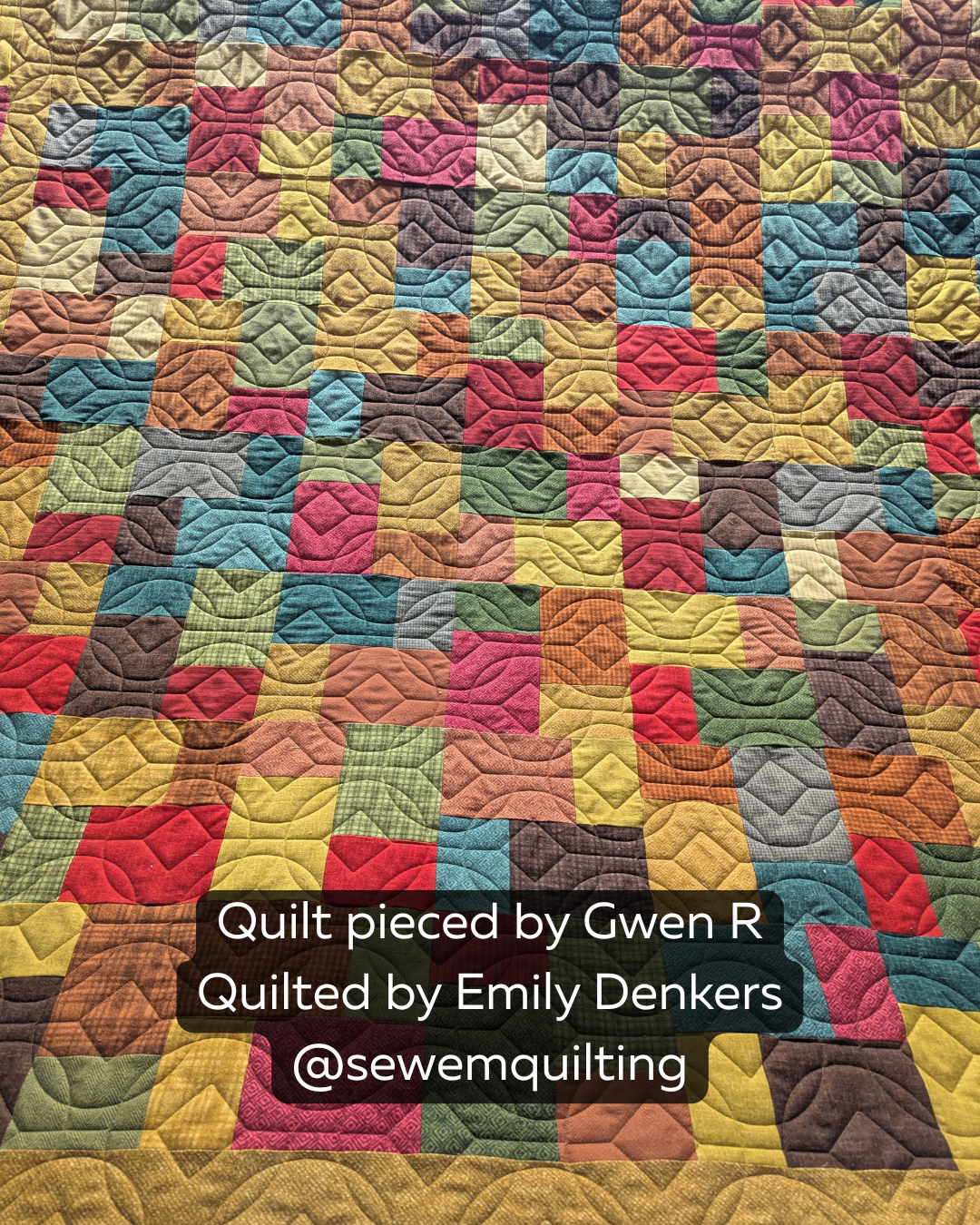 Colorful patchwork quilt stitched with the Square Peg Round Hole digital geometric quilting pattern