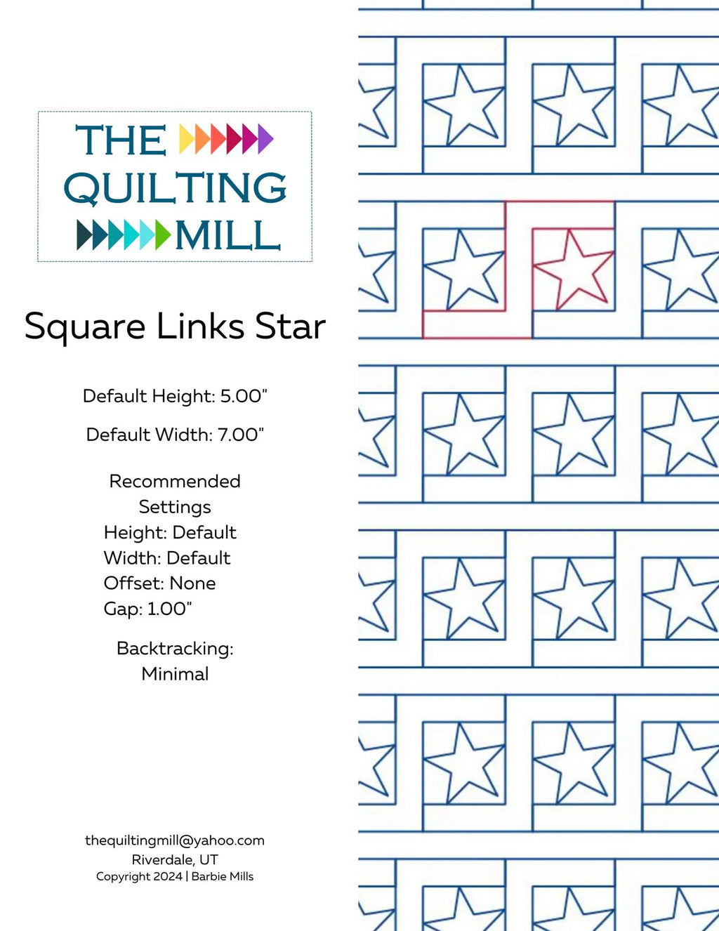 Square Links Star geometric quilting pantograph info sheet listing default height, width, gap, and stitching specifications