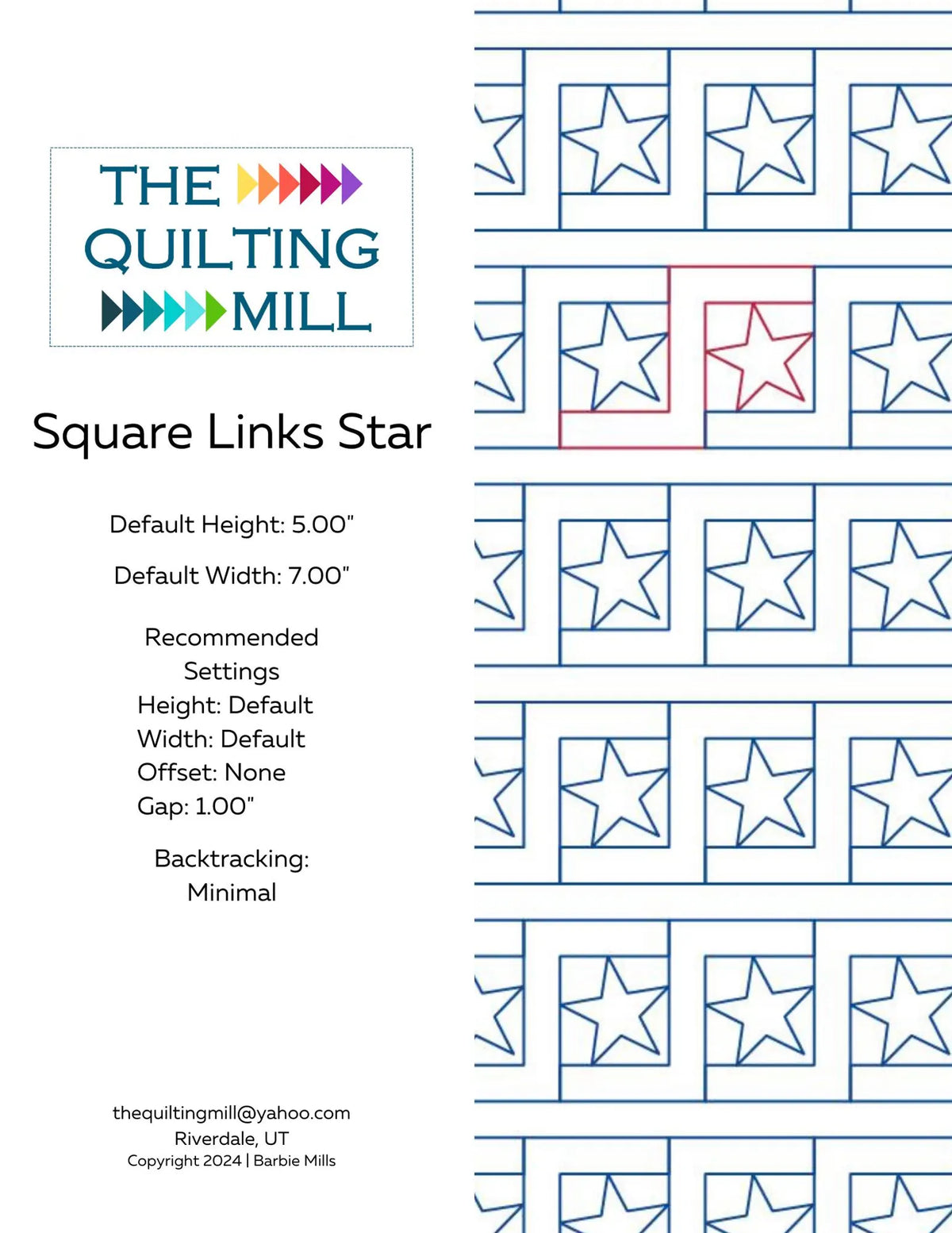 Square Links Star geometric quilting pantograph info sheet listing default height, width, gap, and stitching specifications