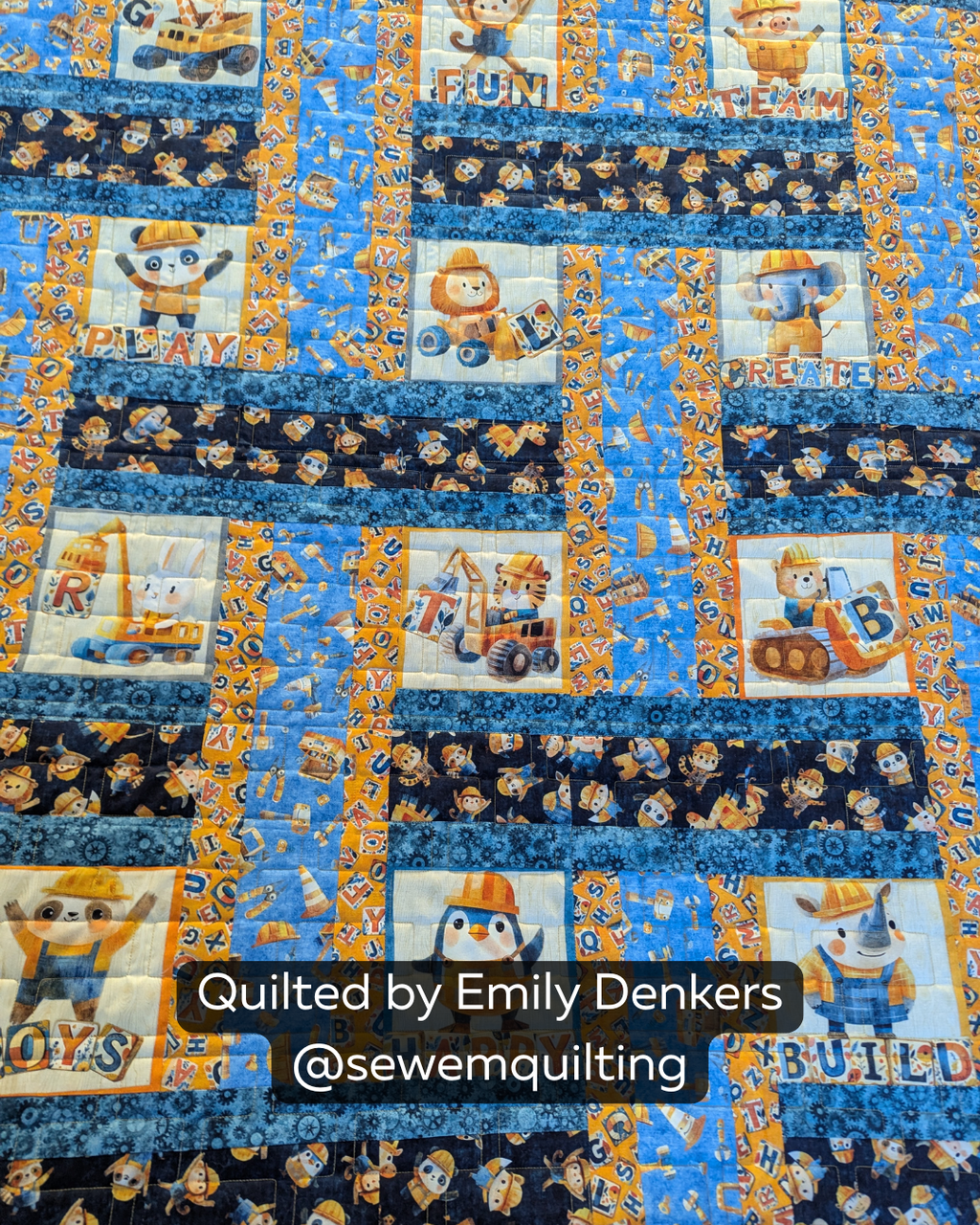 Finished construction-themed quilt featuring the Staggered Bricks digital quilting pantograph with structured brick patterns and modern edge-to-edge texture