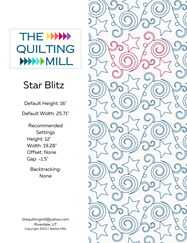 Star Blitz stars and swirls pantograph info sheet – specs and settings for digital pantographs for longarm quilting machines