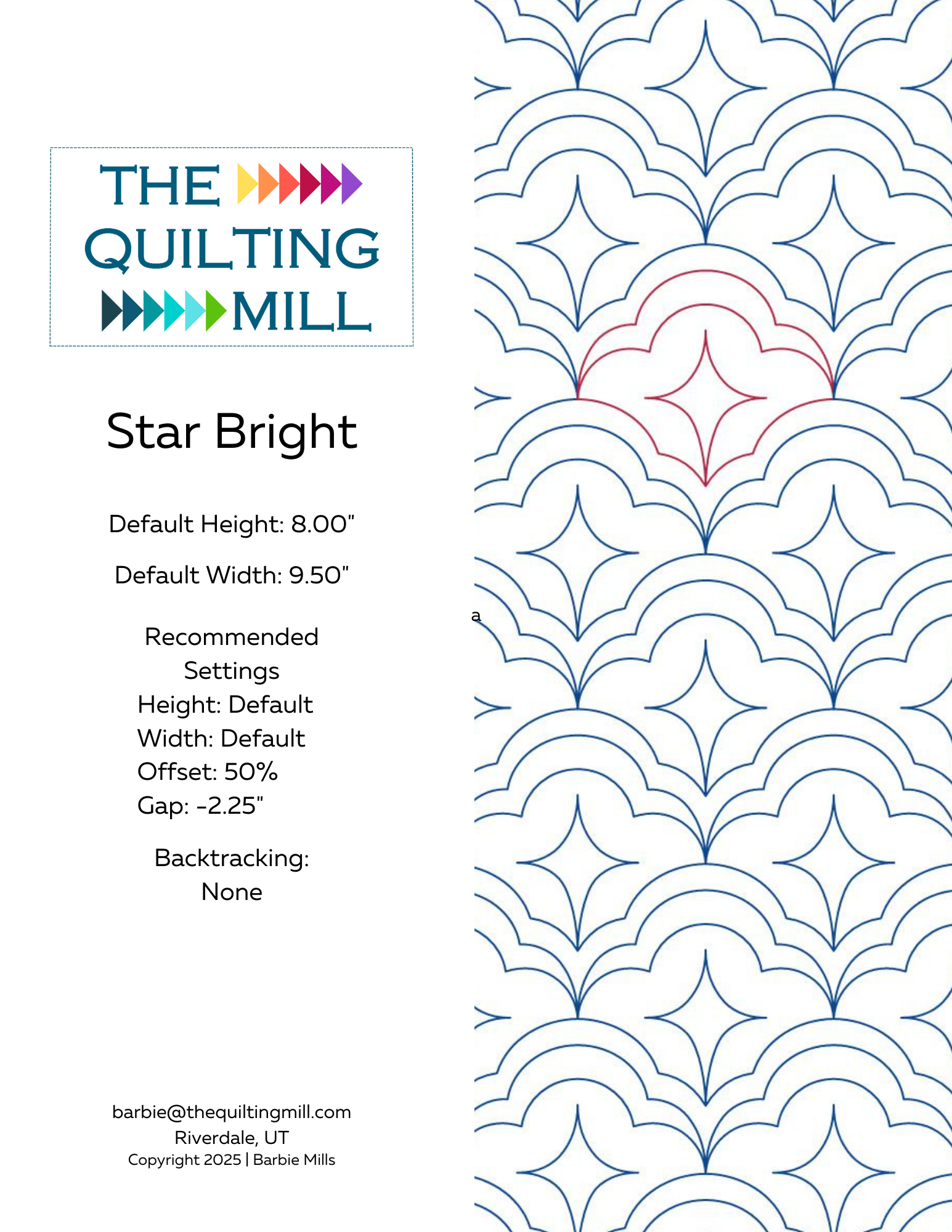 Star Bright star quilting pantograph info sheet – specs and settings for digital star pantographs for longarm quilting machines