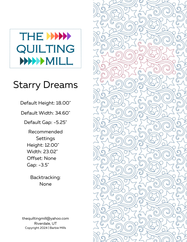 Starry Dreams whimsical star pantograph info sheet – specs and settings for digital star pantographs for longarm quilting machines