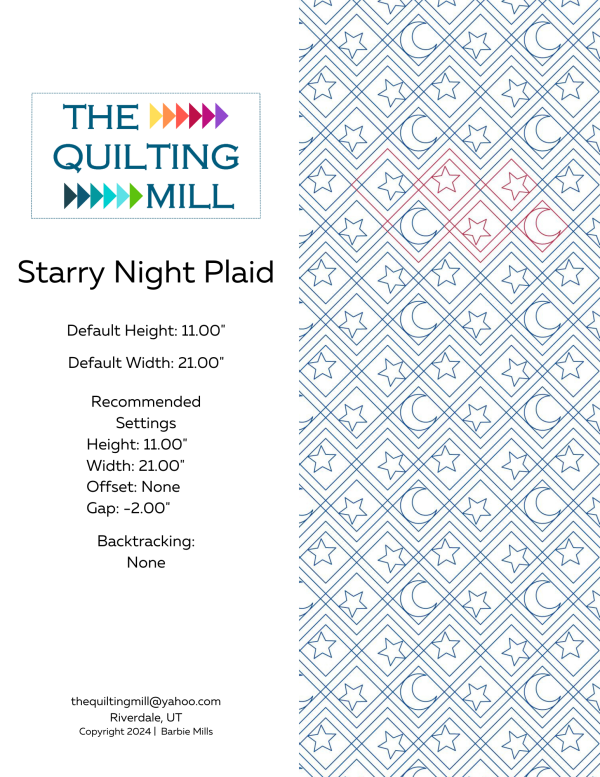 Starry Night Plaid digital pantograph product info sheet with file format list, size specs, and longarm quilting machine settings