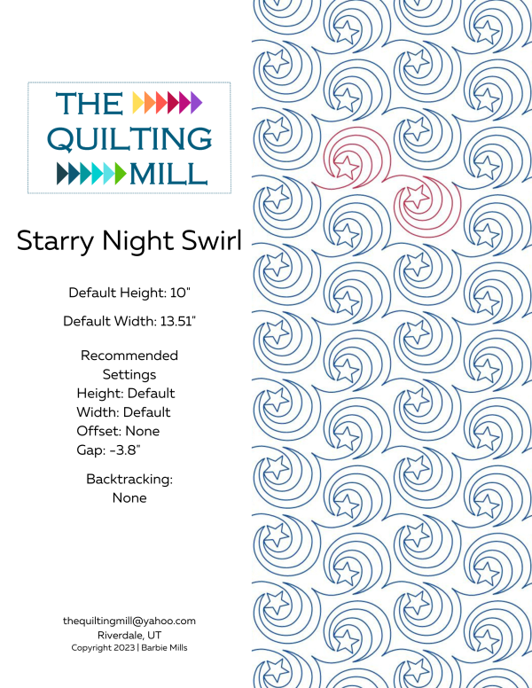 Starry Night Swirl celestial quilting pantograph info sheet – specs and settings for digital celestial pantographs for longarm quilting machines