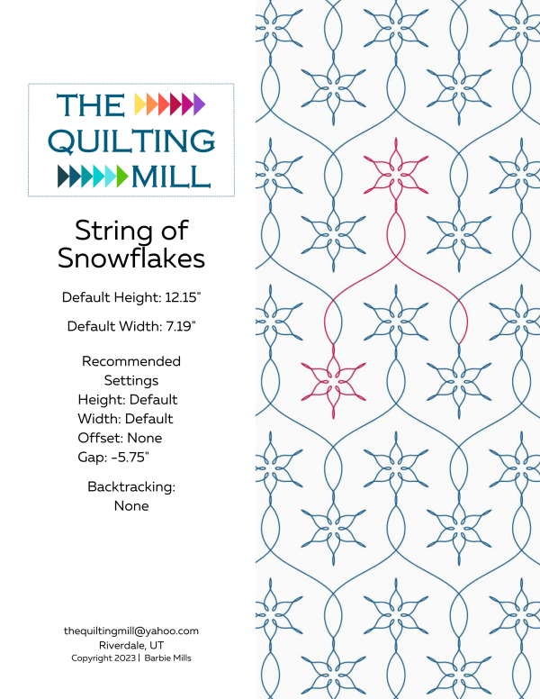 String of Snowflakes Christmas digital pantograph info sheet – specs and settings for digital pantographs for longarm quilting machines