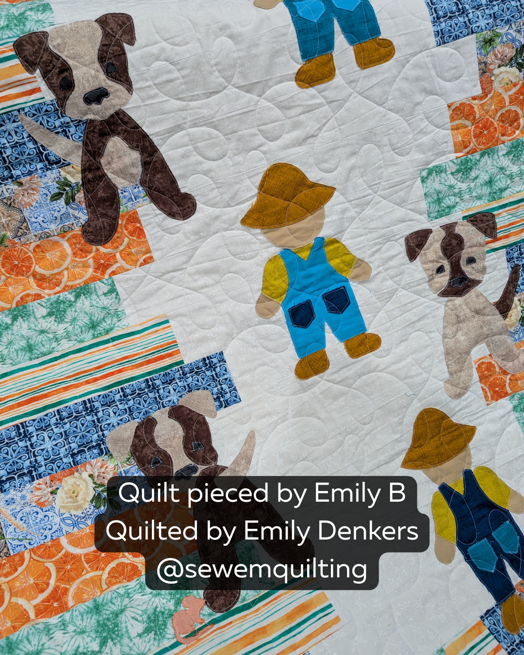 Finished dog-themed quilt featuring the String digital longarm quilting pattern with playful loops and flowing edge-to-edge stitching