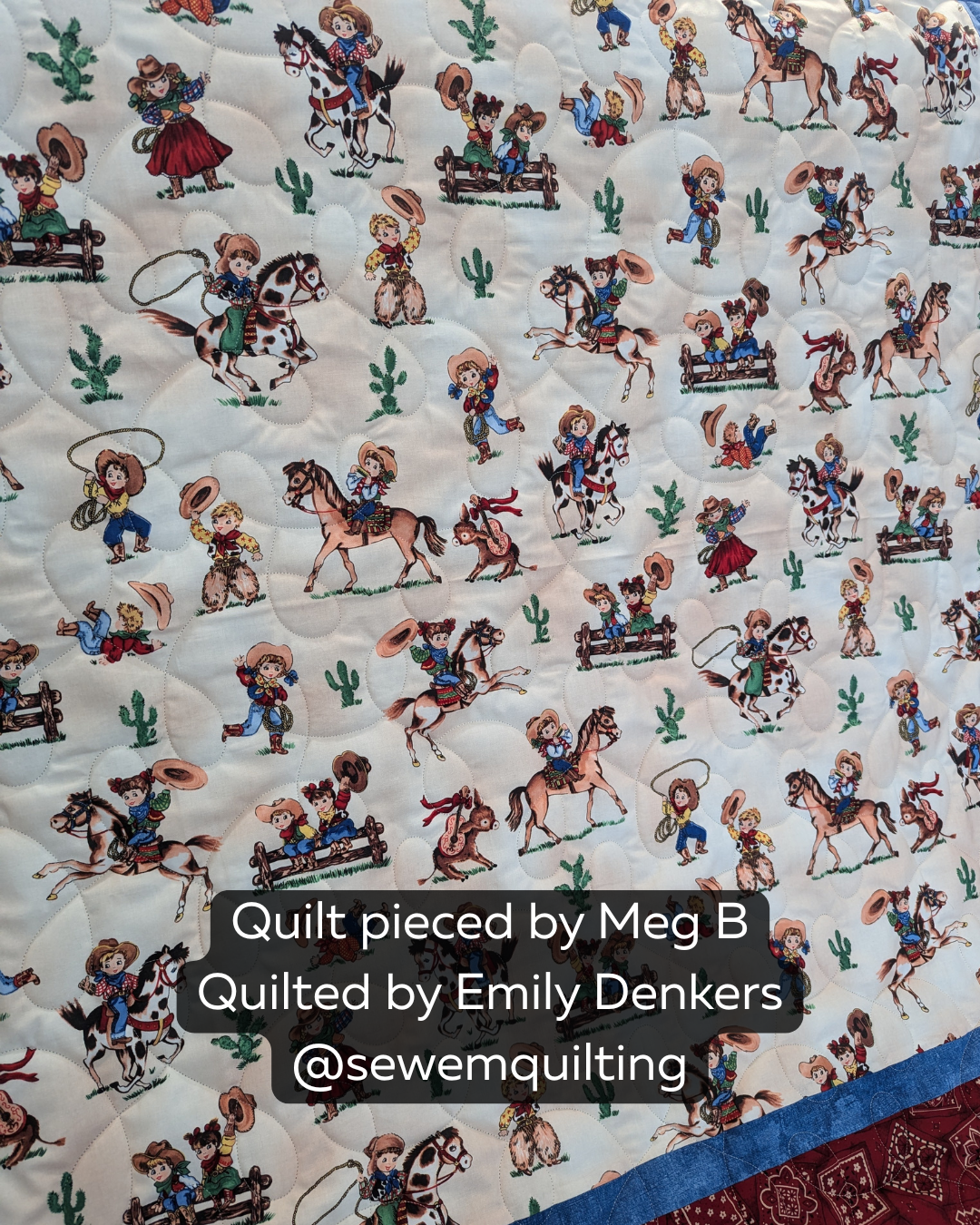 Finished western-themed quilt featuring the String digital longarm quilting pattern with soft flowing loops that complement the cowboy and rodeo fabric details