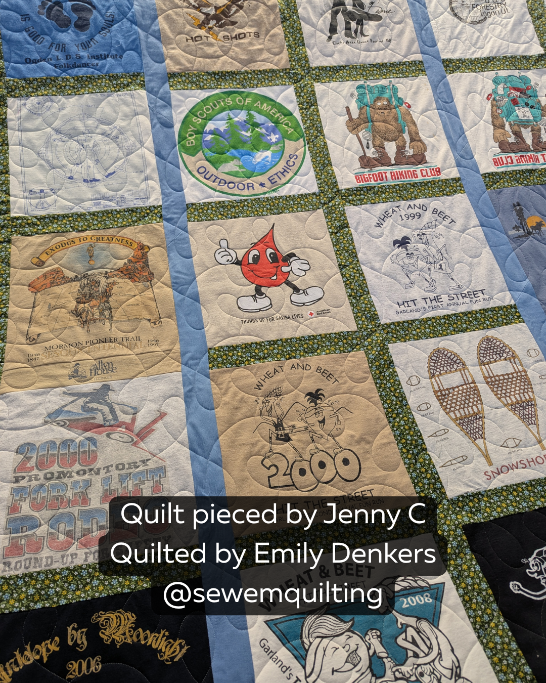Memory quilt featuring vintage T-shirt blocks with the String digital longarm quilting pattern adding soft, flowing texture between each keepsake panel