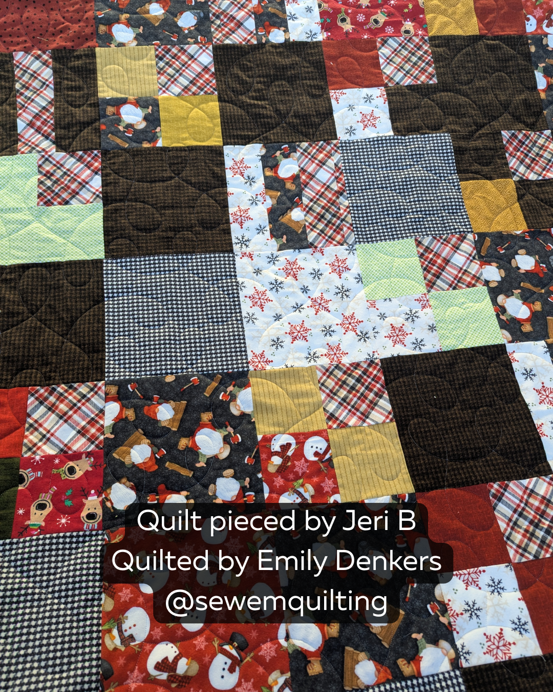 Cozy Christmas quilt featuring festive snowmen, Santa prints, and holiday fabrics enhanced with the String digital longarm quilting pattern for a soft flowing texture
