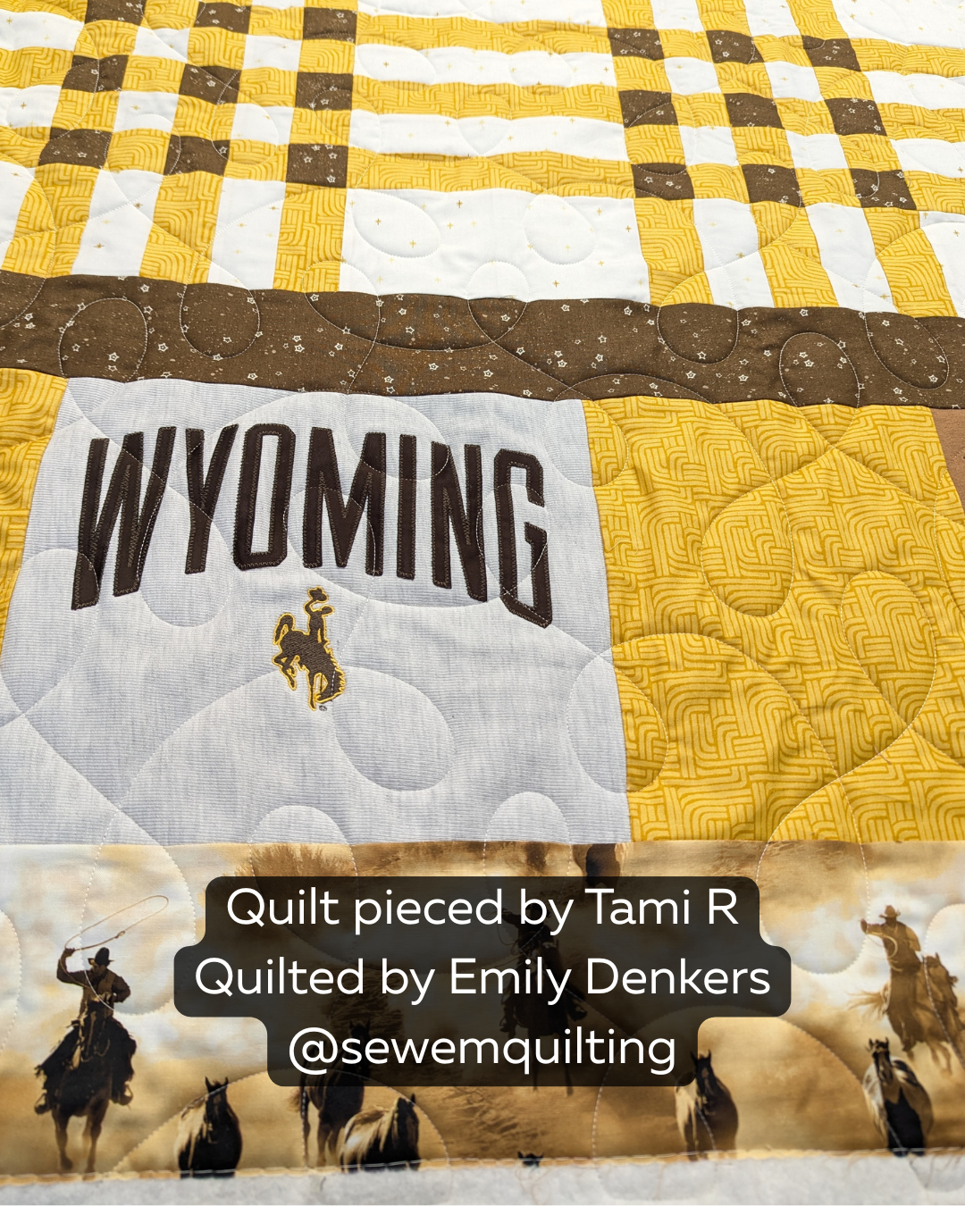 Custom Wyoming quilt showcasing rustic cowboy imagery, horse prints, and the String quilting pantograph for a smooth continuous quilted finish