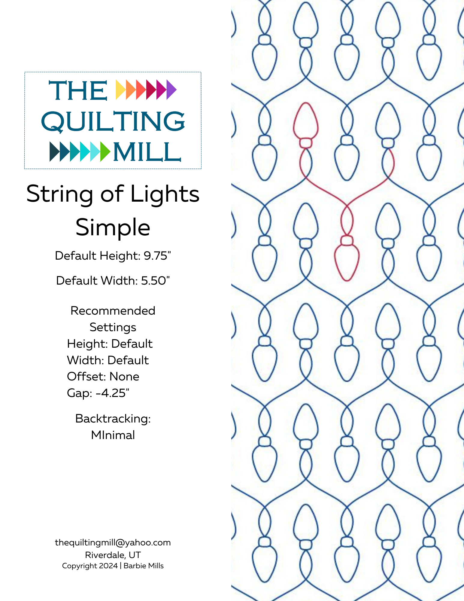 String of Lights Simple pattern info sheet showing size, gap, and stitch specifications for this Christmas pantograph