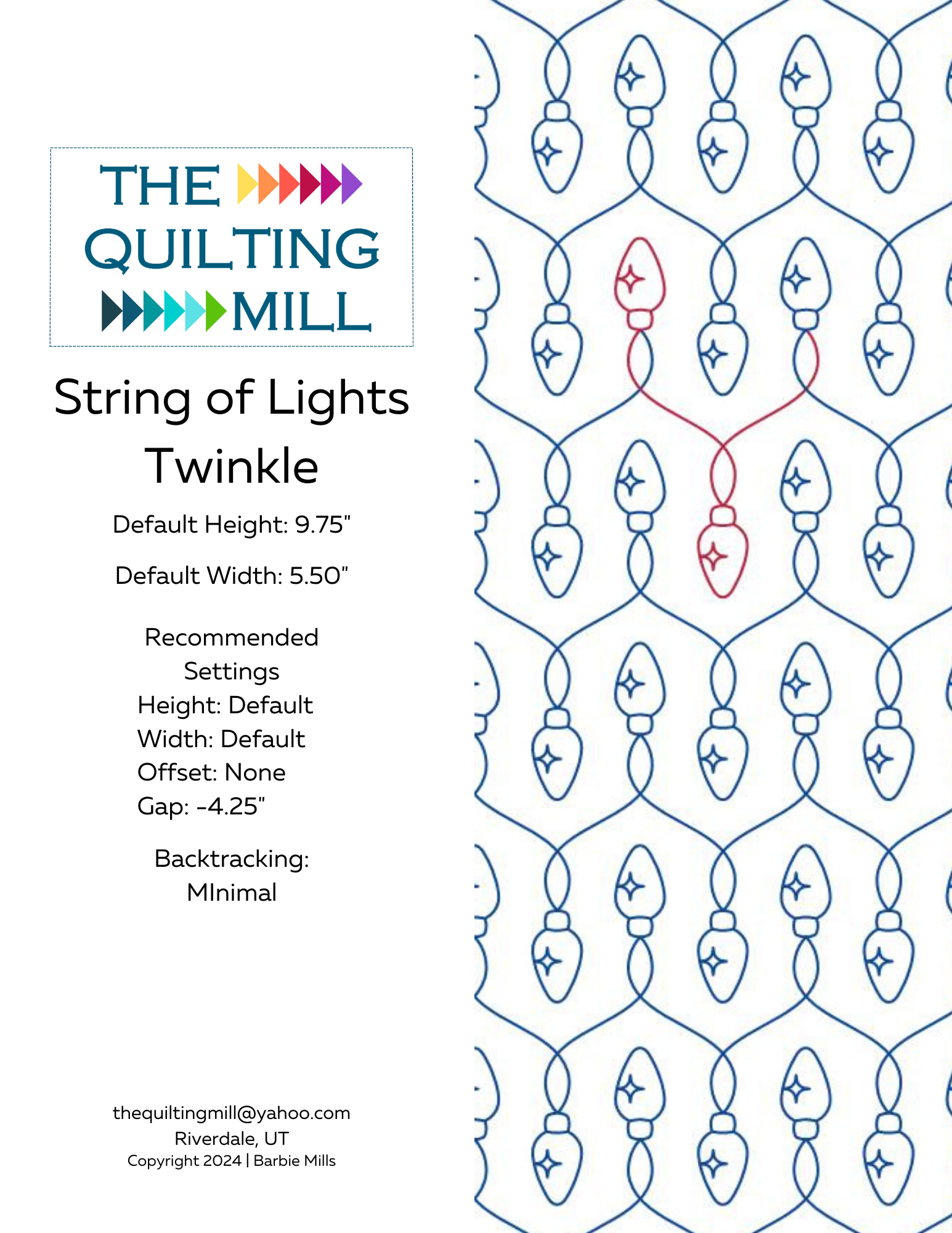 String of Lights Twinkle pattern info sheet showing size, gap, and stitch specifications for this Christmas computerized quilting pantograph