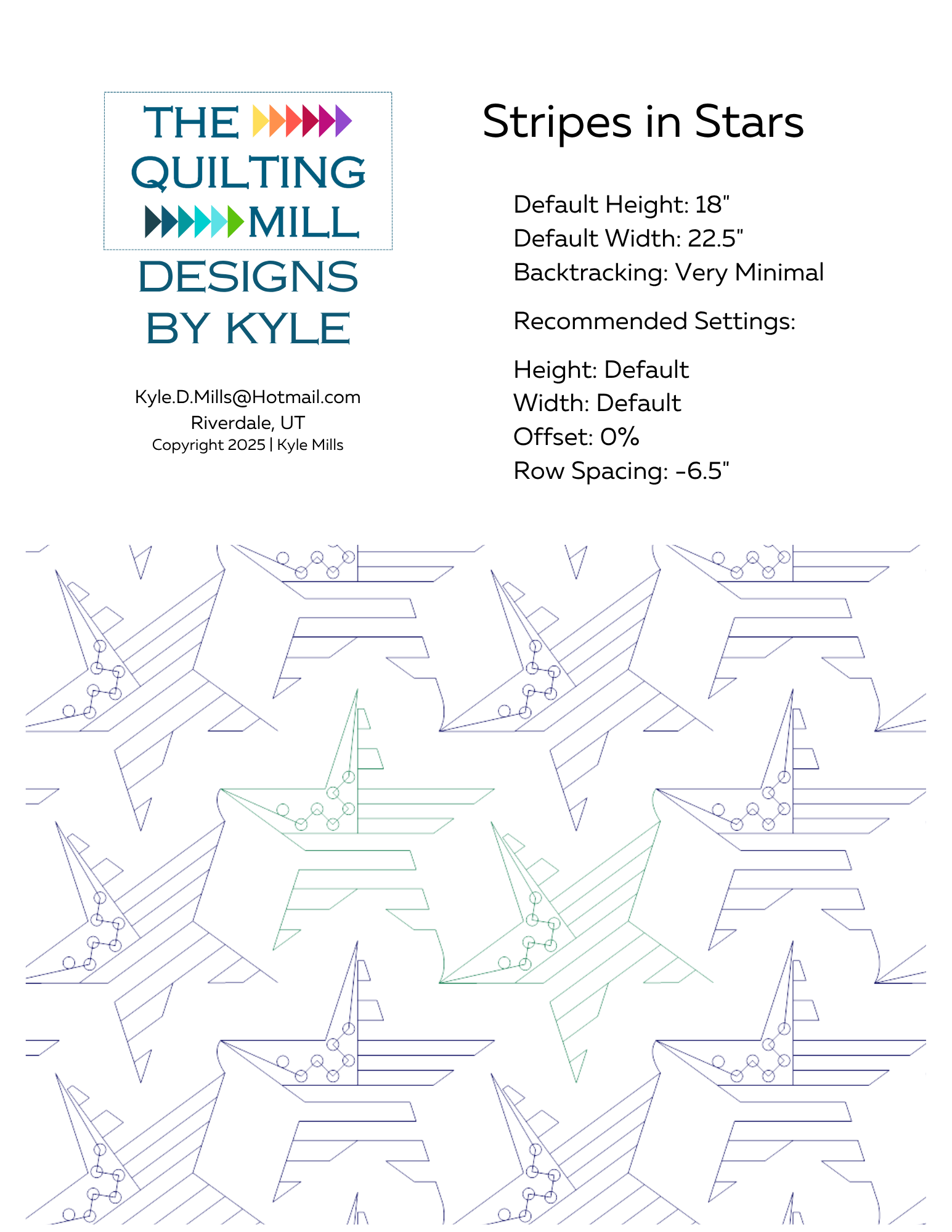 Stripes in Stars digital pantograph info sheet showing default height, width, offset, and recommended row spacing settings