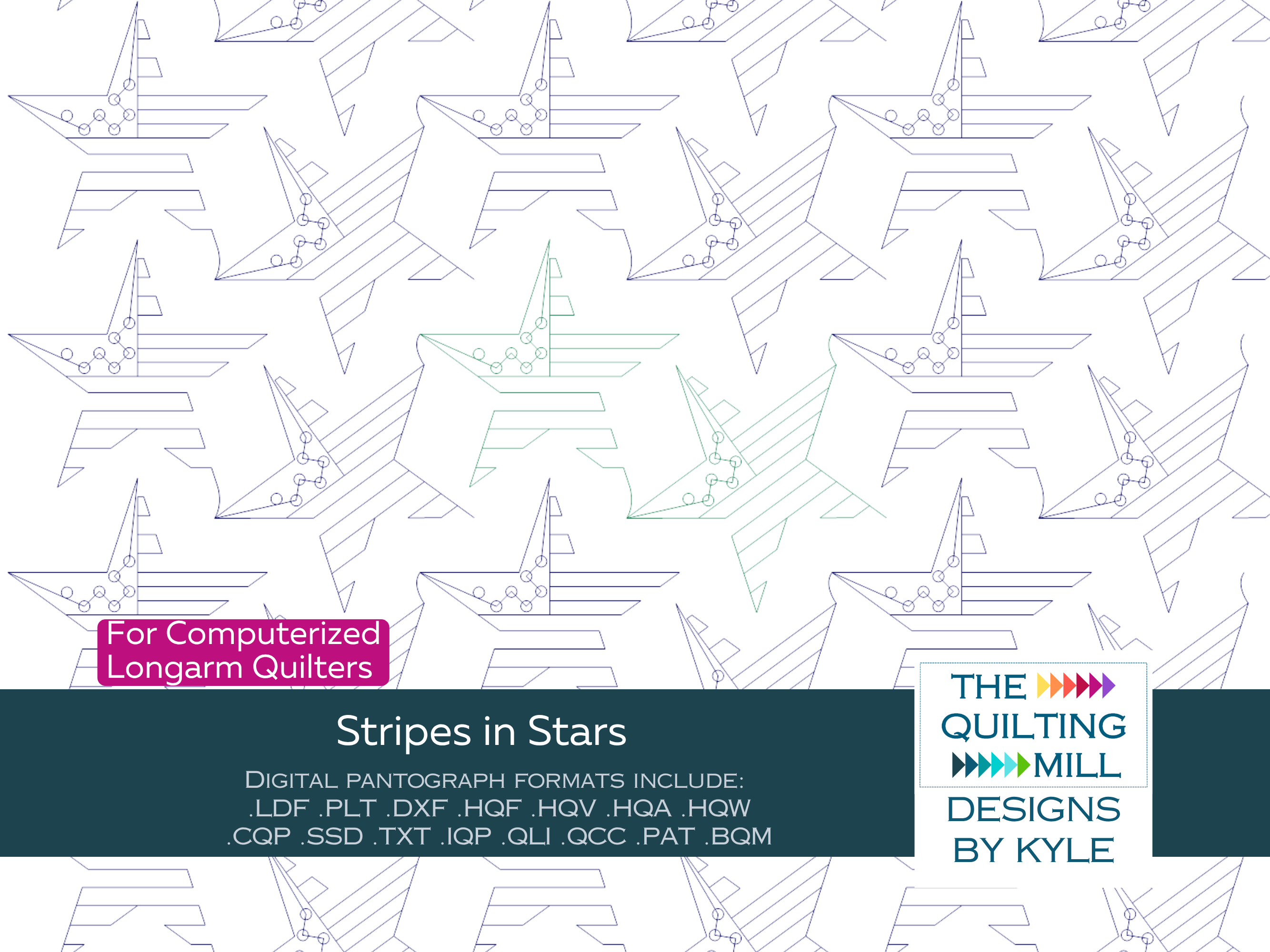 Stripes in Stars Americana star quilt pantograph product image with The Quilting Mill logo, showing bold stars and stripes for longarm quilting