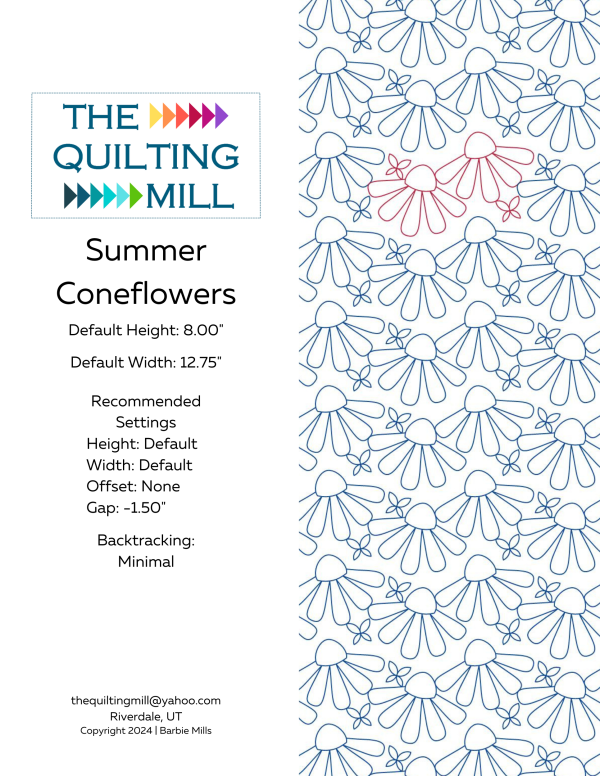 Summer Coneflowers floral edge-to-edge pantograph info sheet – specs and settings for digital floral pantographs for longarm quilting