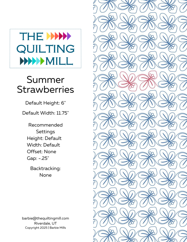 Summer Strawberries fruit pantograph product info sheet showing stitch settings, file formats, and longarm machine compatibility