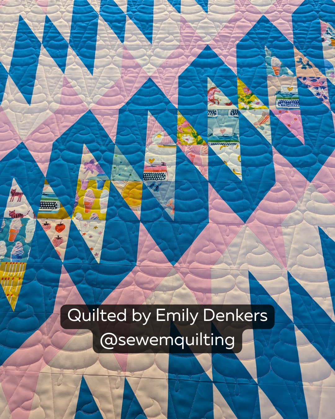 Finished quilt example using the Summer Soft Serve ice cream quilting pantograph, showing soft-serve swirl stitching on a colorful triangle quilt, quilted by Emily Denkers @sewemquilting