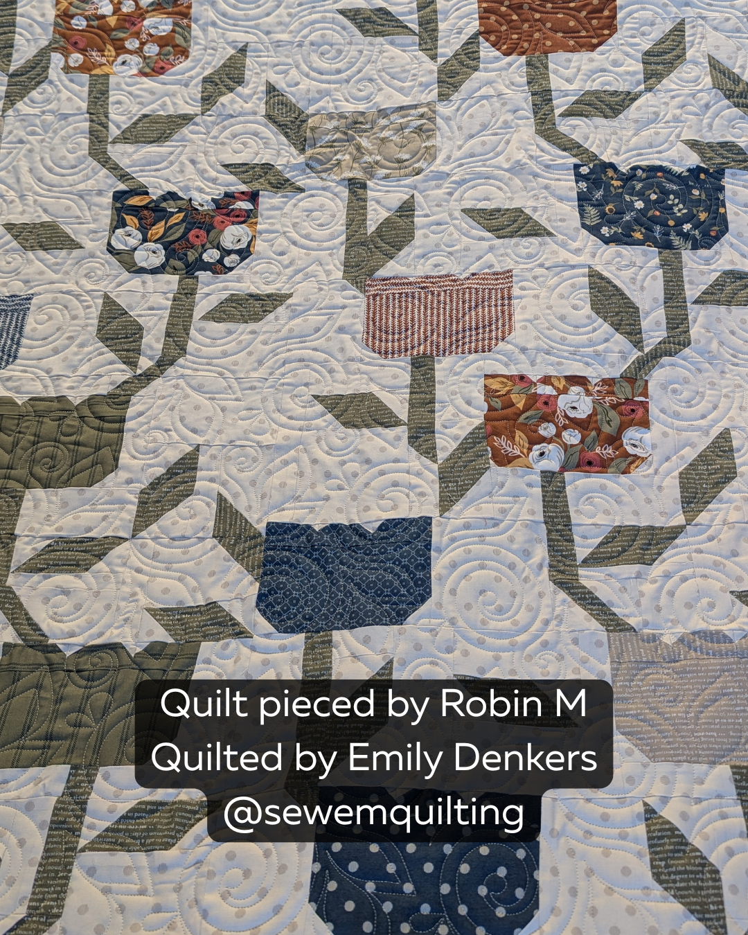 Close-up of a botanical-inspired quilt showcasing delicate leaf motifs, curved swirls, and beautiful edge-to-edge quilting texture from the Sweetness pantograph