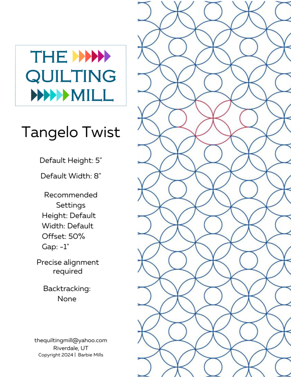 Tangelo Twist playful circle pantograph product info sheet – orange peel longarm quilting design specs, settings and file formats