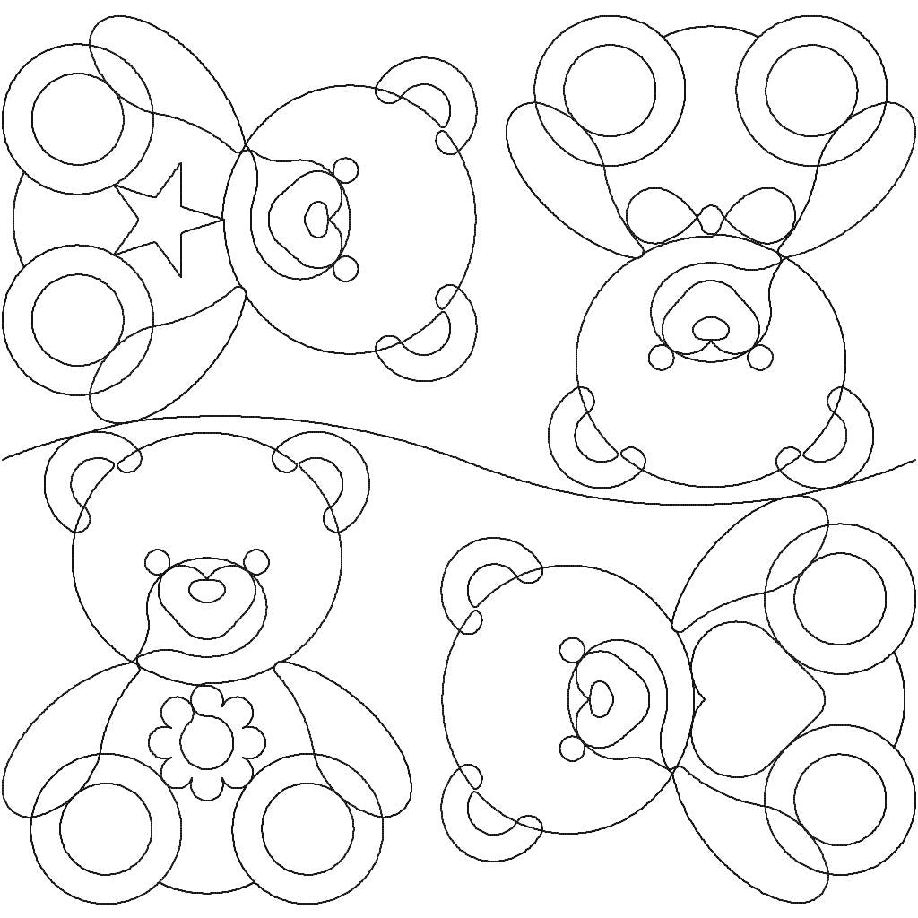 Close-up of Teddy Bear Squared quilting pantograph showing detailed teddy bear face and paw stitching