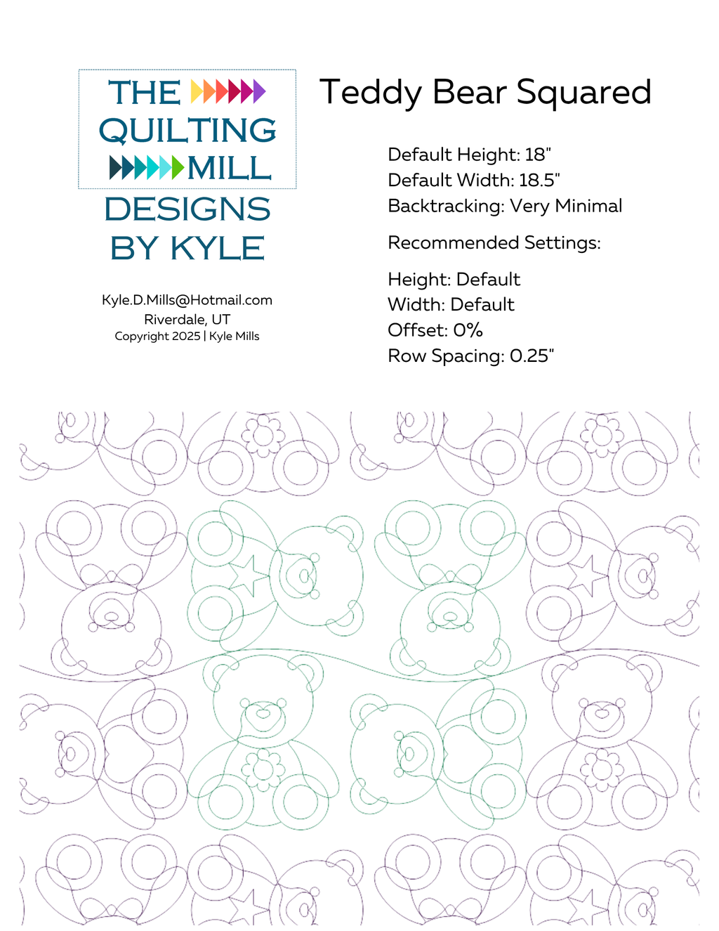 Teddy Bear Squared digital pantograph info sheet showing default height, width, offset, and recommended row spacing settings