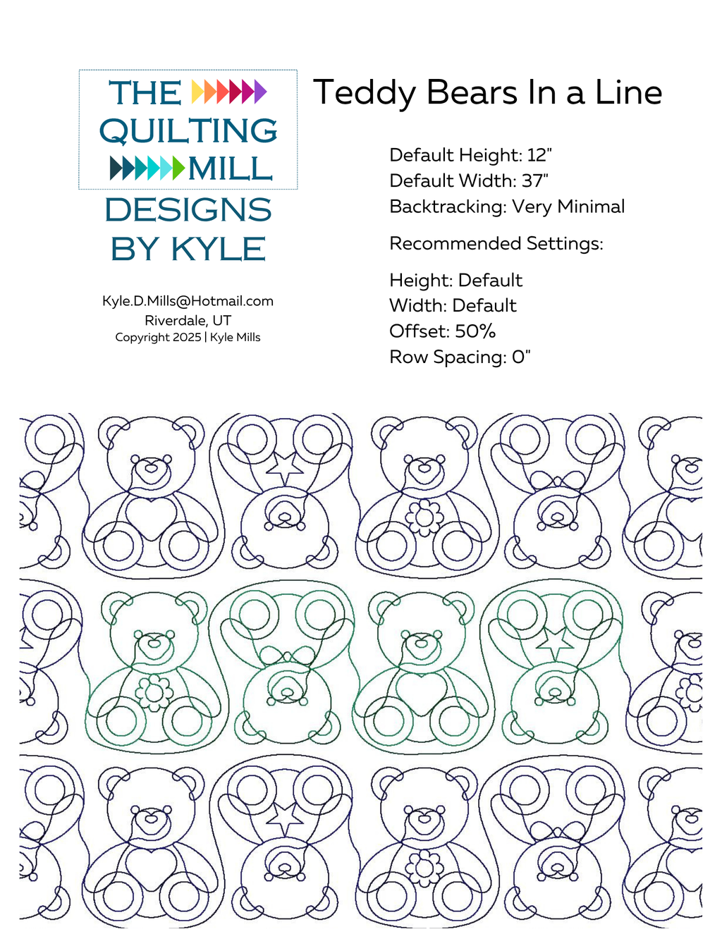 Teddy Bears In a Line digital pantograph info sheet showing default height, width, offset, and recommended row spacing settings
