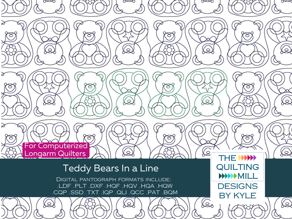 Teddy Bears In a Line nursery quilt pantograph product image with The Quilting Mill logo, showing a single row of cuddly bears
