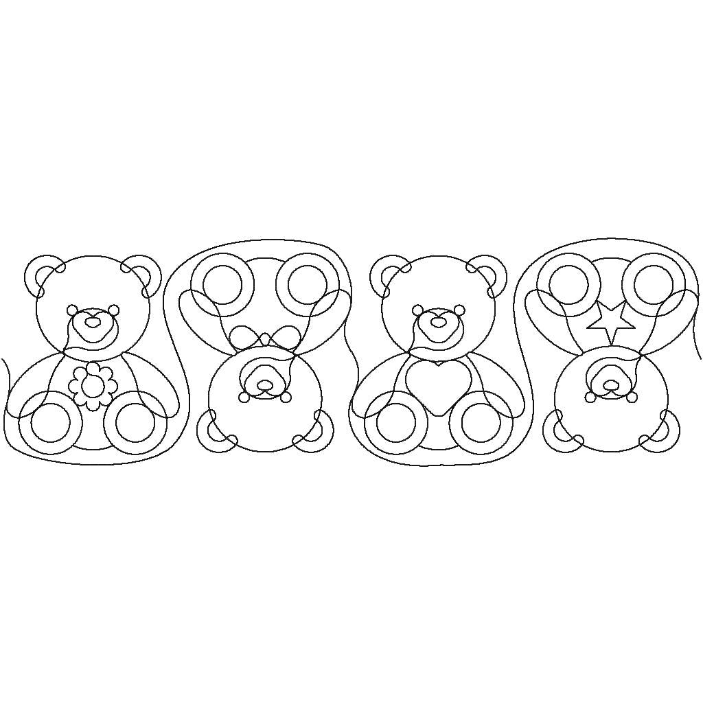 Close-up of Teddy Bears In a Line quilting pantograph showing detailed teddy bear face and heart, flower, and star accents