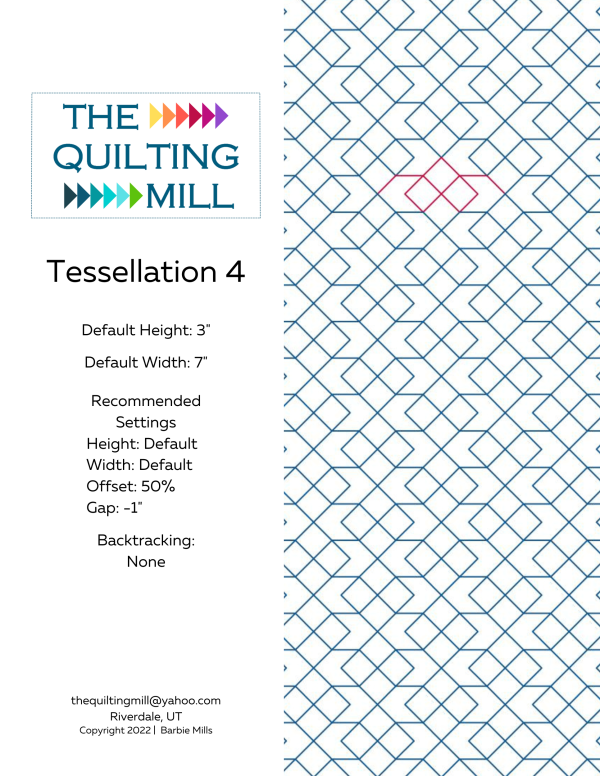Tessellation 4 modern quilt pantograph info sheet with file formats and specifications for digital pantographs and longarm quilting machines