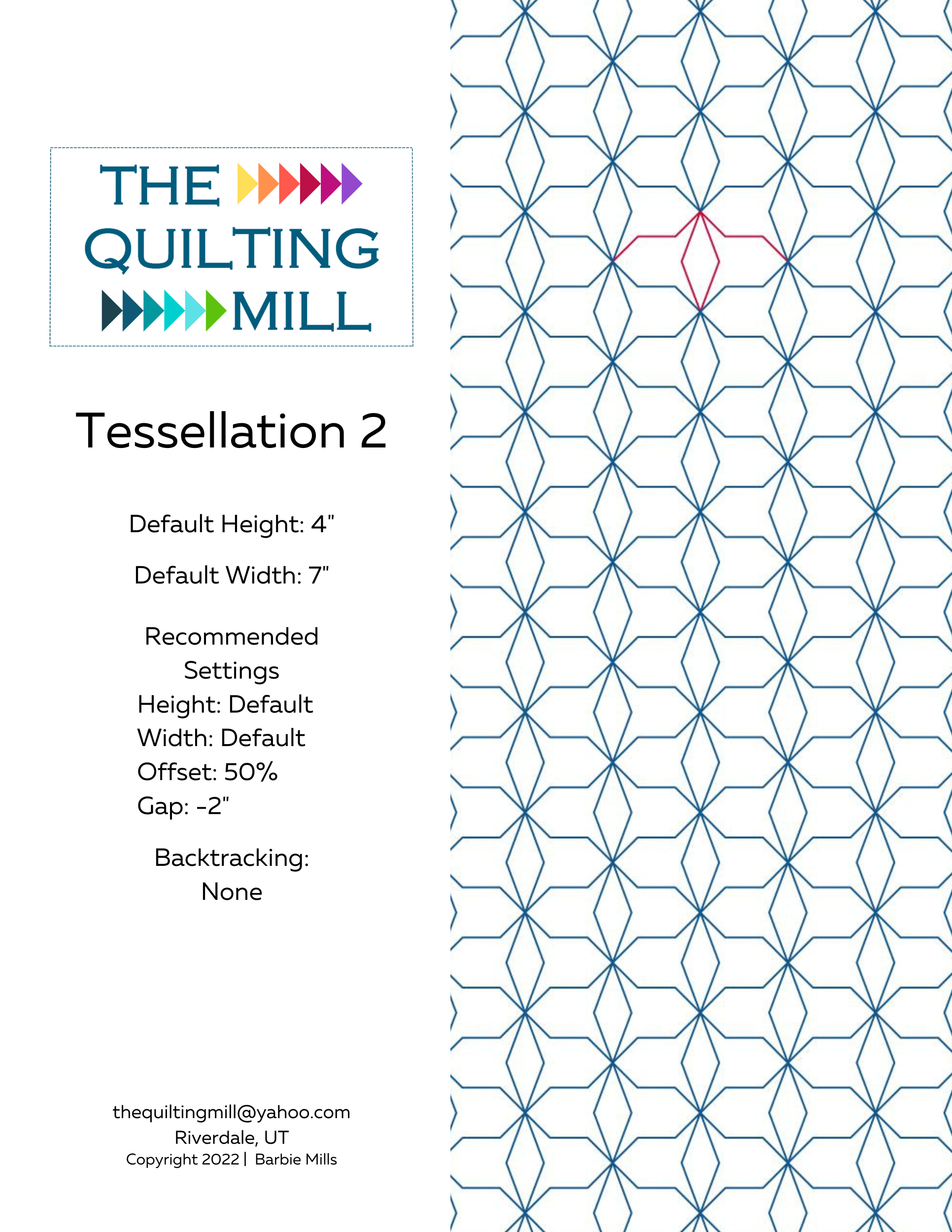 Tessellation 2 longarm pantograph info sheet with file formats and specifications for digital pantographs and quilting machines
