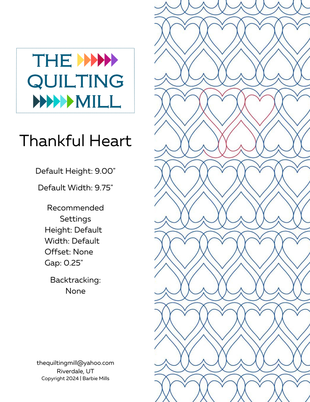Thankful Heart quilting pantograph product info sheet showing file formats, height, width specs, and recommended settings for longarm quilting