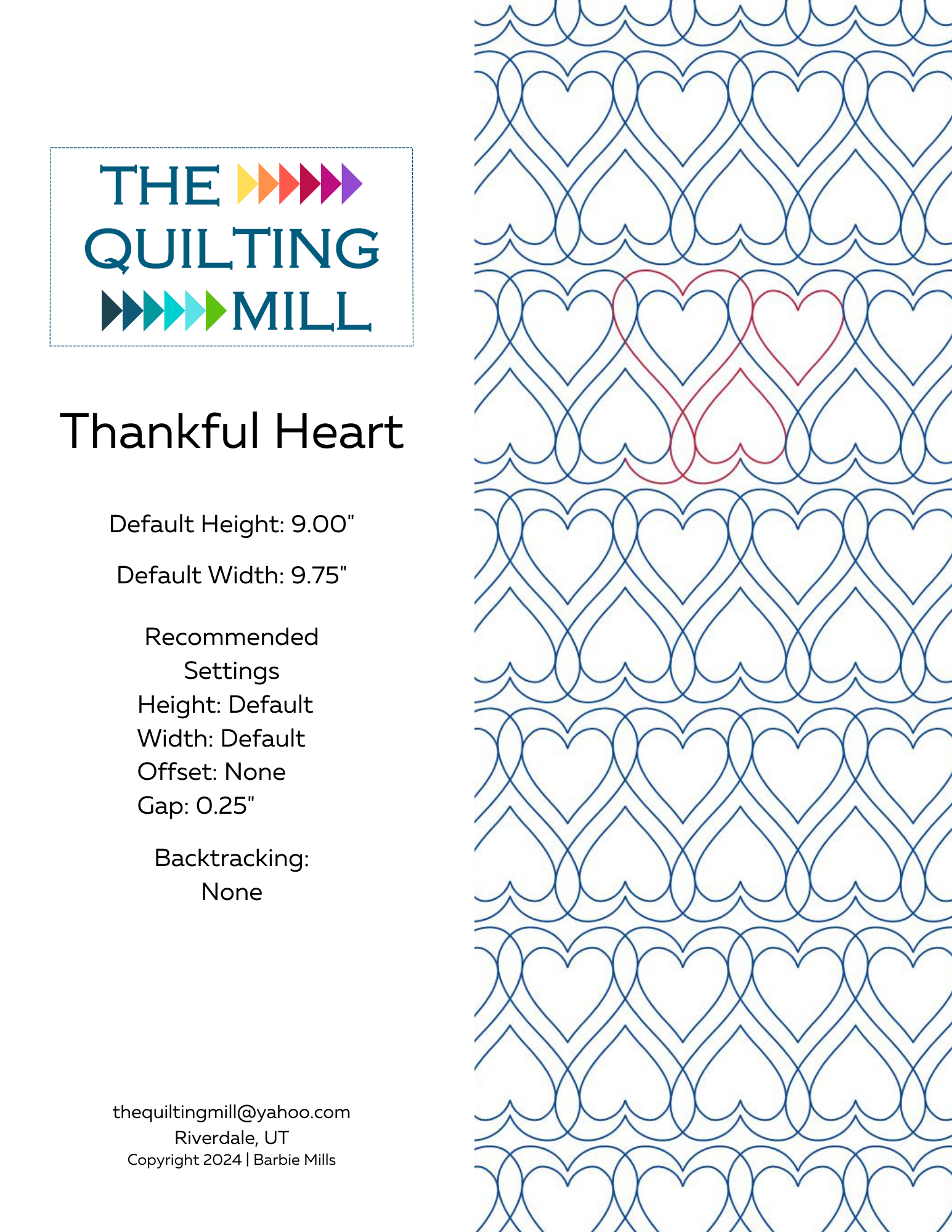 Thankful Heart quilting pantograph product info sheet showing file formats, height, width specs, and recommended settings for longarm quilting