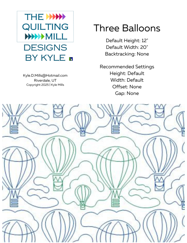 Three Balloons whimsical longarm pantograph info sheet – specs and settings for digital whimsical pantographs for longarm quilting machines