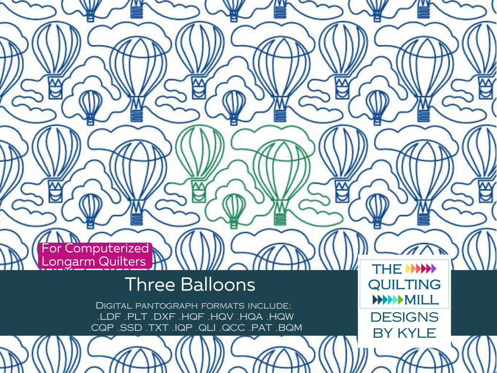 Three Balloons whimsical longarm pantograph – drifting hot air balloon design for longarm quilting machines