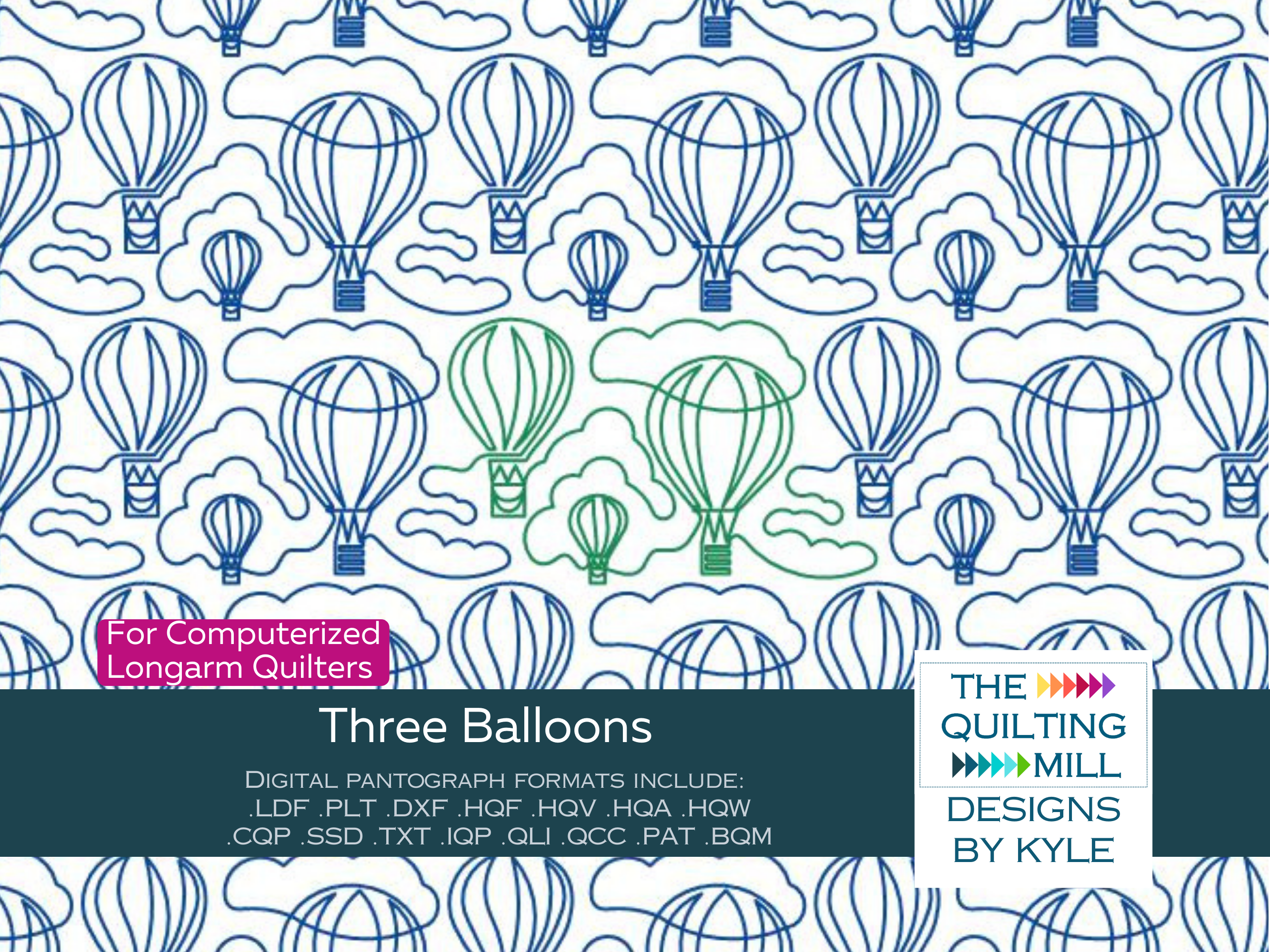 Three Balloons whimsical longarm pantograph – drifting hot air balloon design for longarm quilting machines
