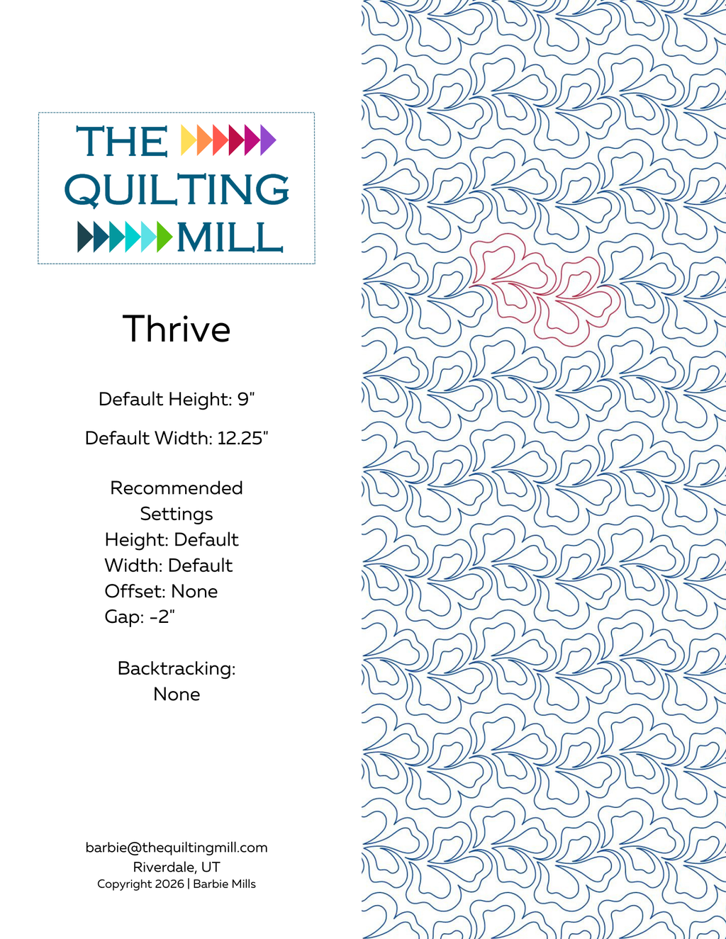 Thrive feather quilting pantograph info sheet – specs and settings for digital pantographs for longarm quilting
