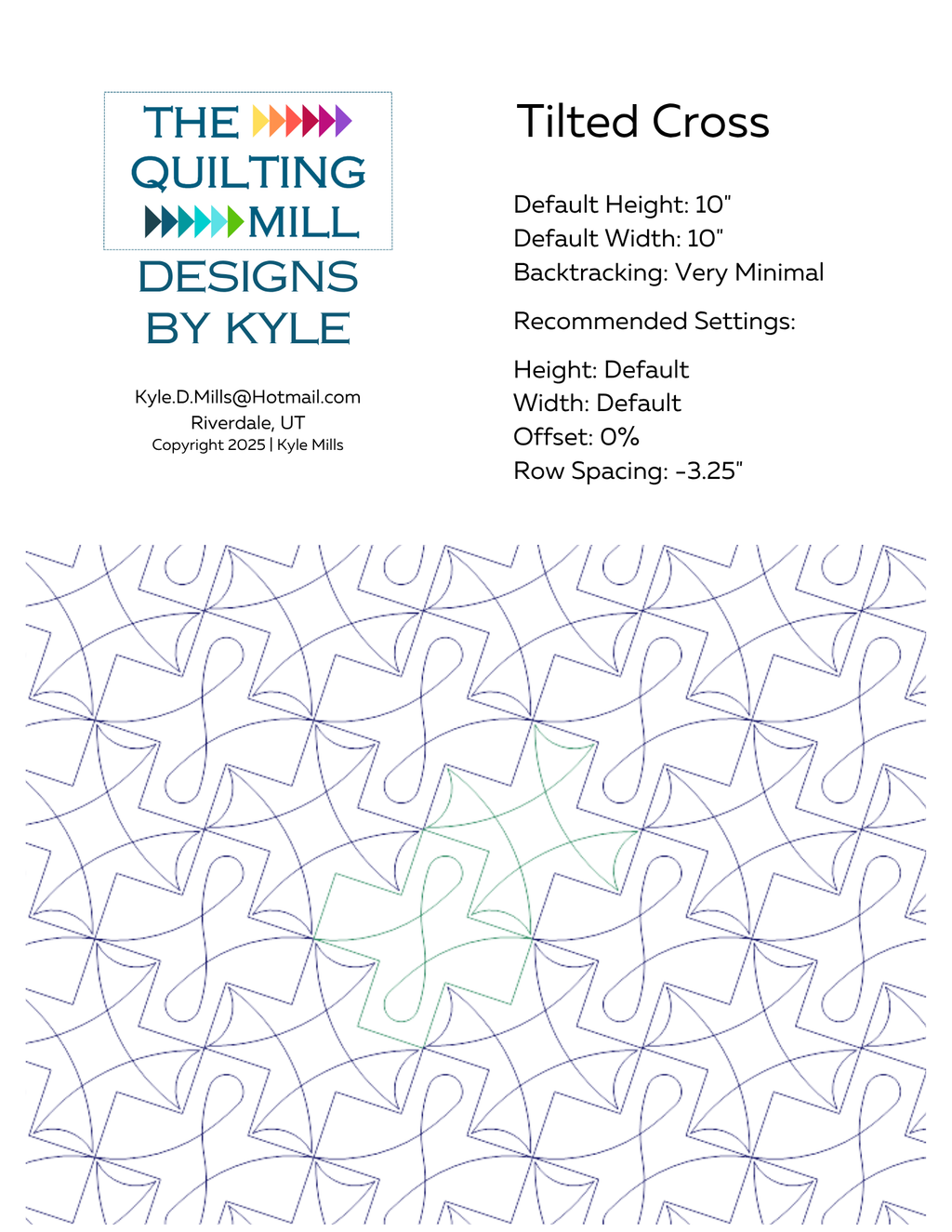 Tilted Cross digital pantograph info sheet showing default height, width, offset, and recommended row spacing settings